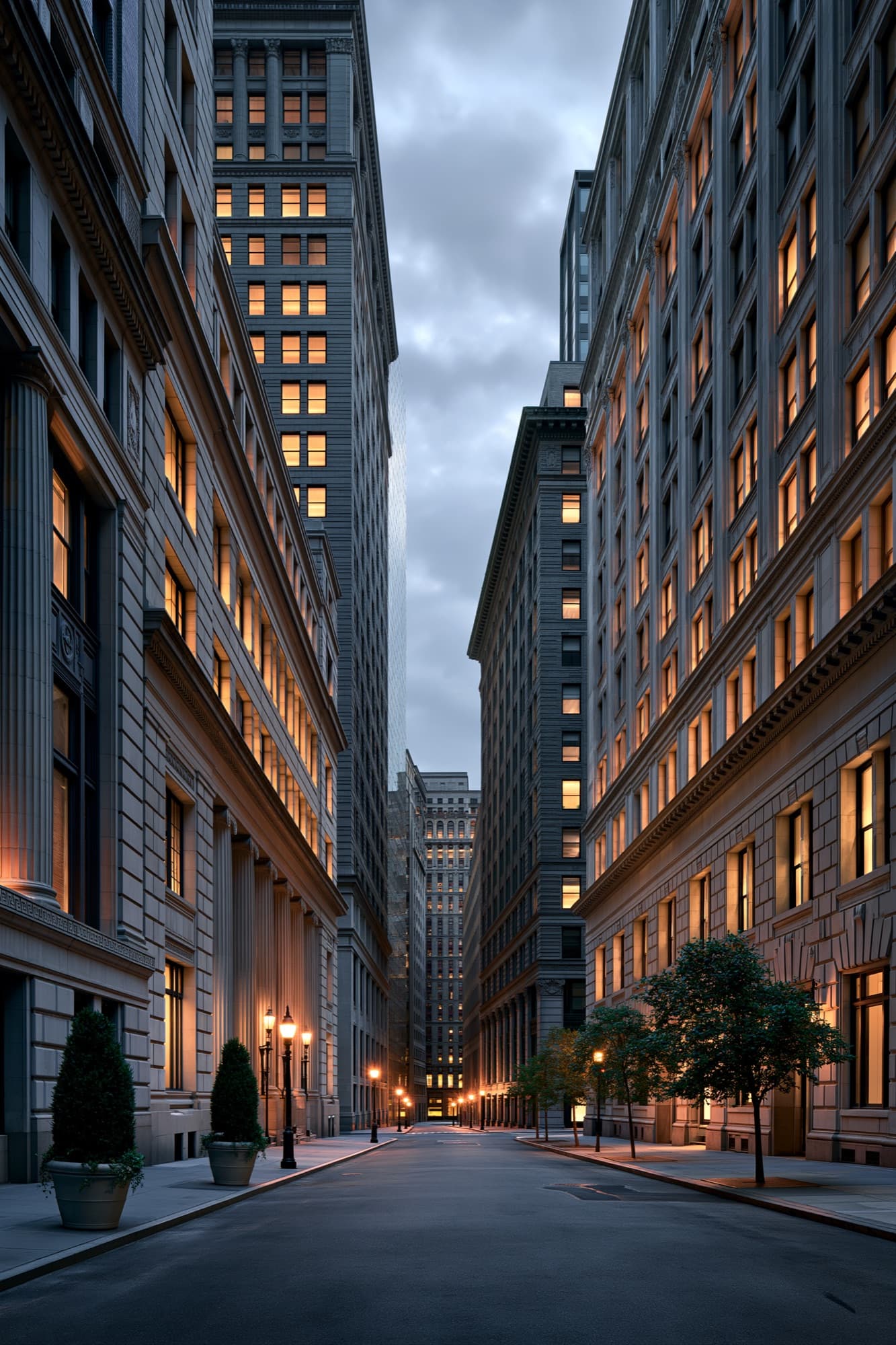 A Manhattan street at dusk, office windows lit
