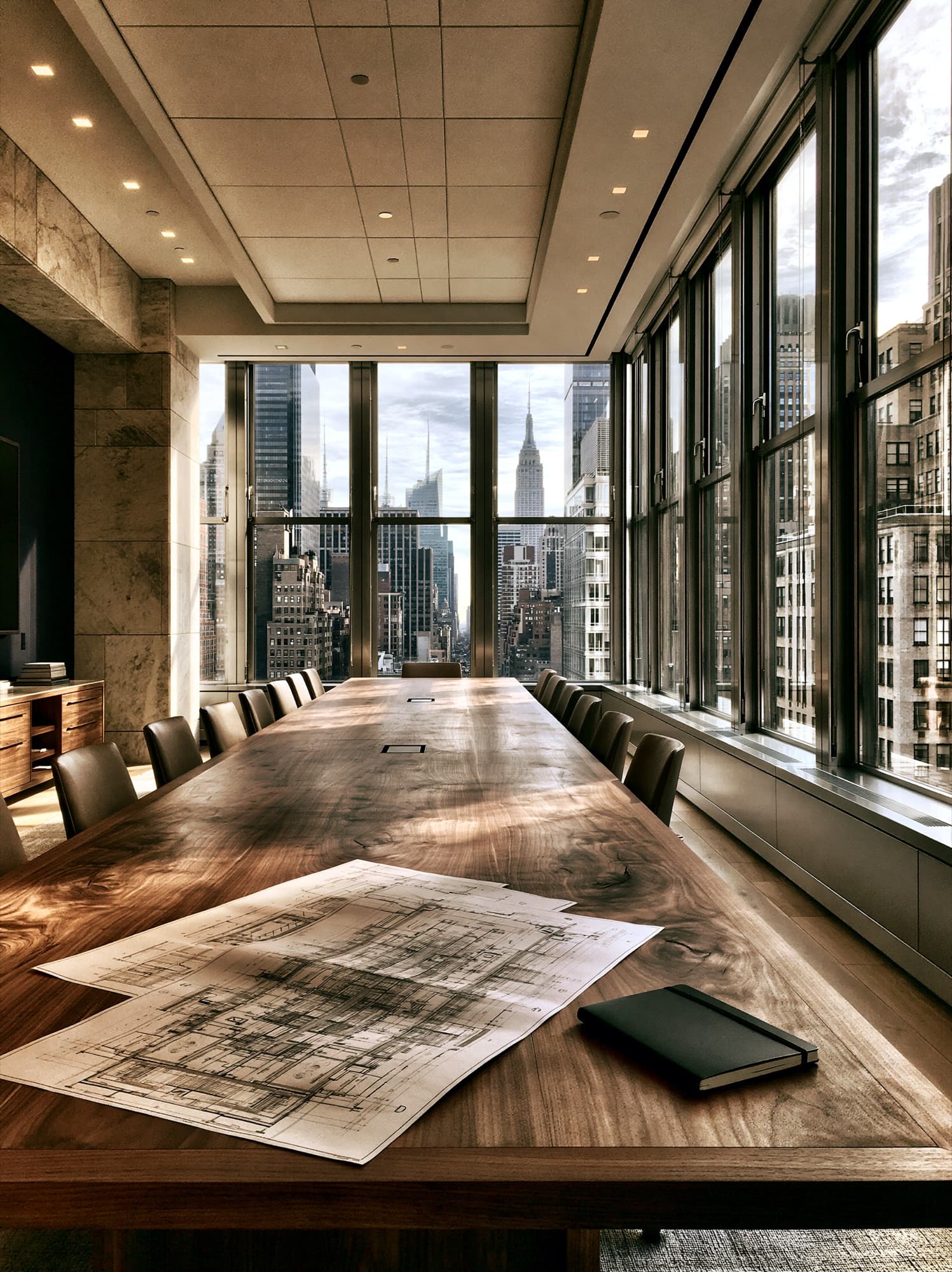 A boardroom over Midtown, plans on the table