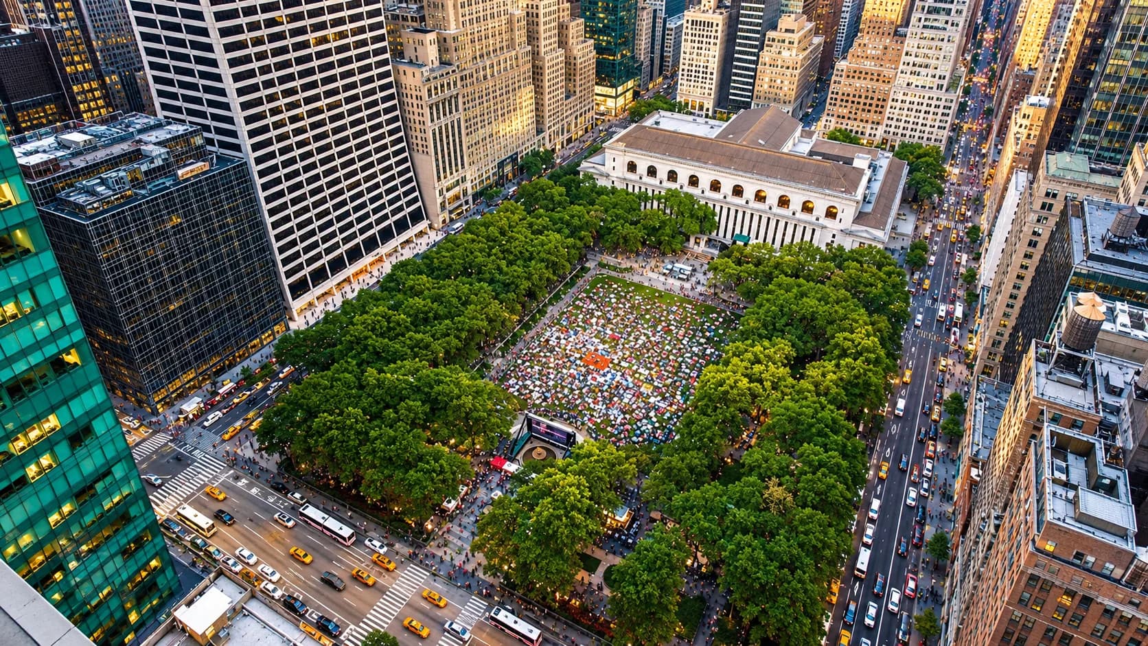Bryant Park from above: the lawn, the New York Public Library and the office towers on 40th and 42nd Streets.