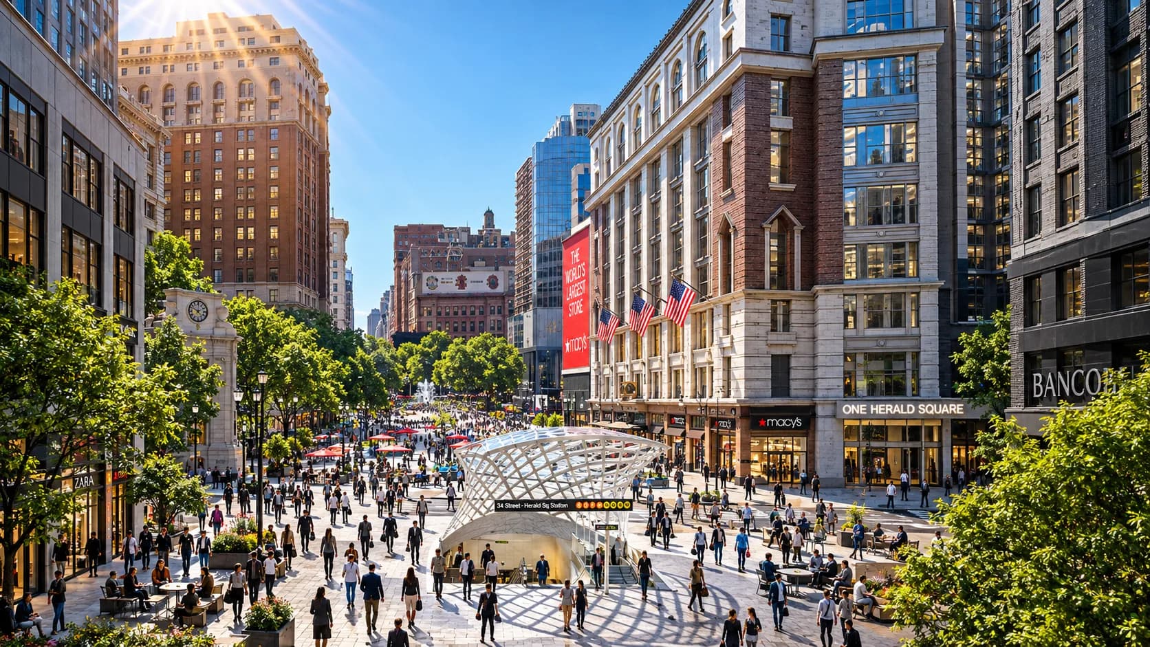 Herald Square: Macy’s, One Herald Square and the 34th Street subway entrance, with office towers on Broadway.